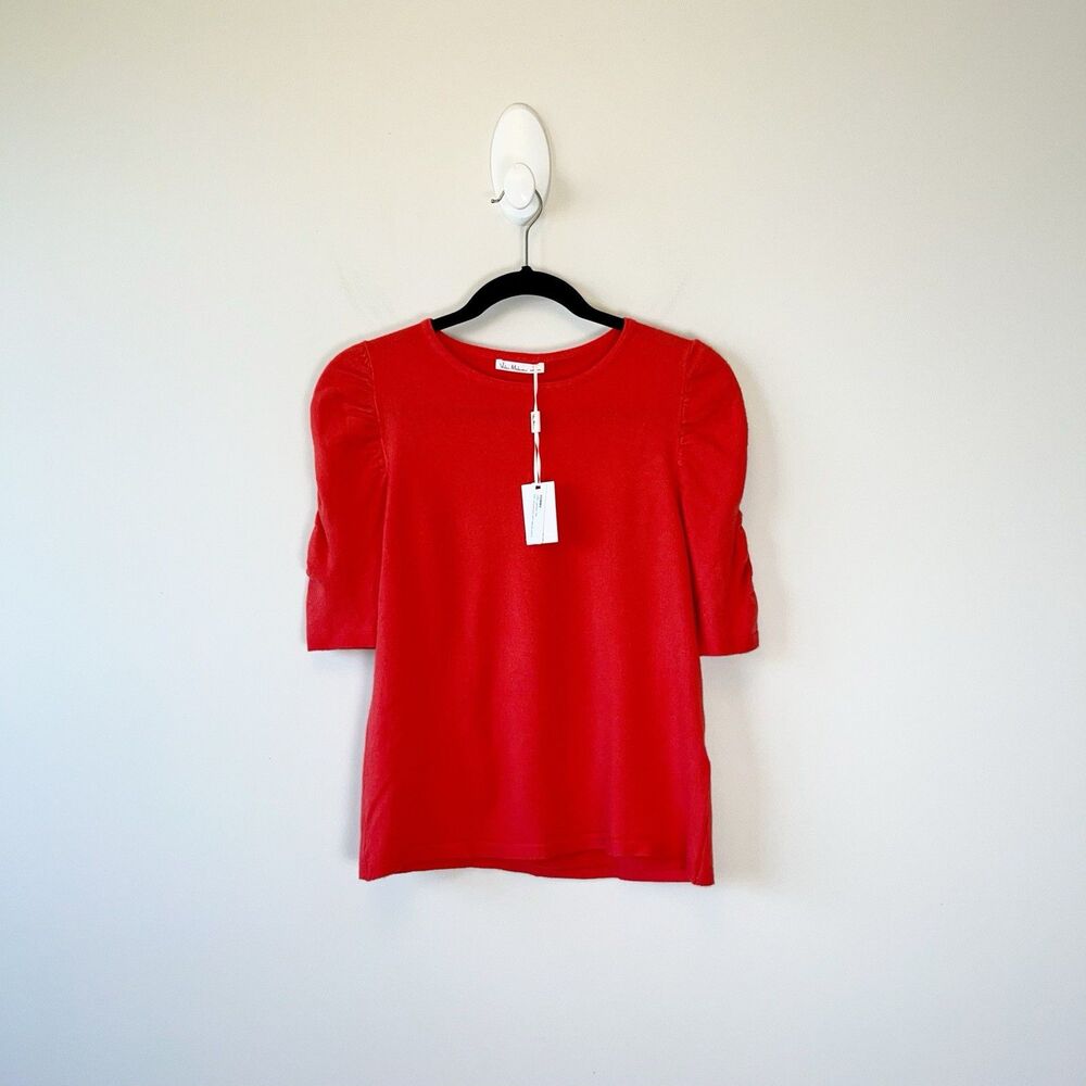 Vila Milano Stretch Knit Puff Sleeve Blouse Summer Red Women’s Size Small NWT's